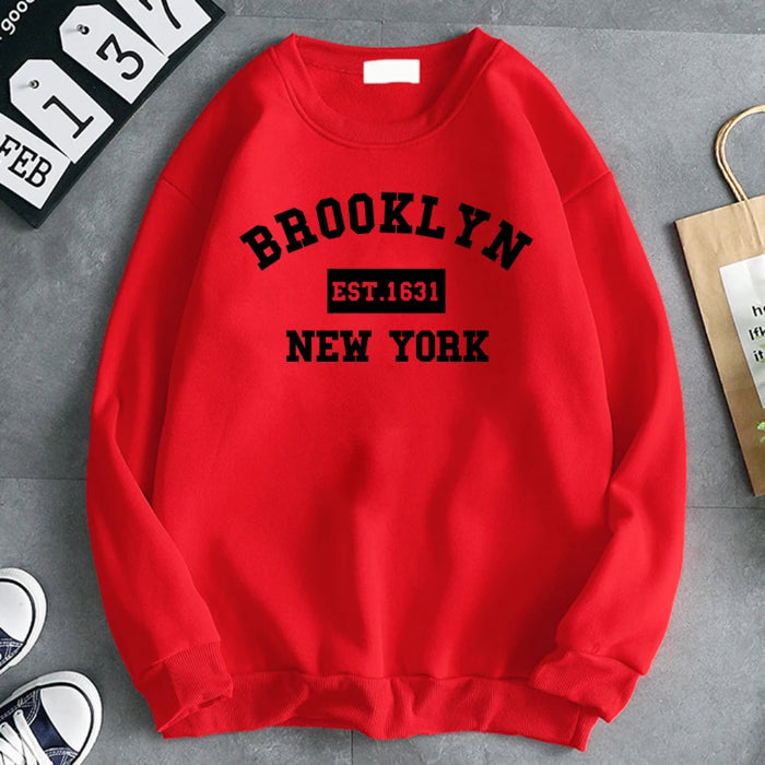 Women's Brooklyn 1631 letter print hoodie in soft fleece, gray pullover. - red