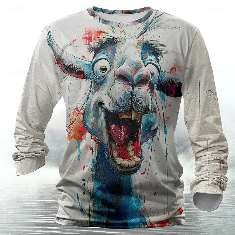 Long-sleeve shirt with a colorful lion graphic design on a white background
