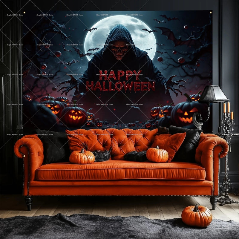 Halloween-themed room with orange couch, pumpkins, and a 'Happy Halloween' poster.