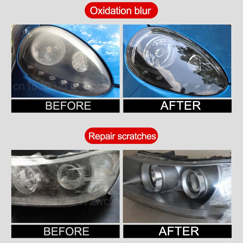 Before and after comparison of car headlights with oxidation blur and scratch repair effects.