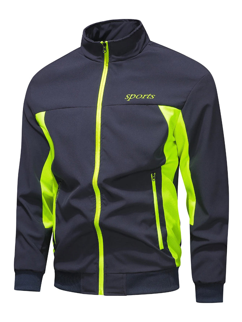 Navy sports jacket with bright green accents on a white background