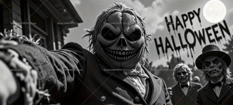 Person wearing a skeleton mask and costume with 'Happy Halloween' sign in the background