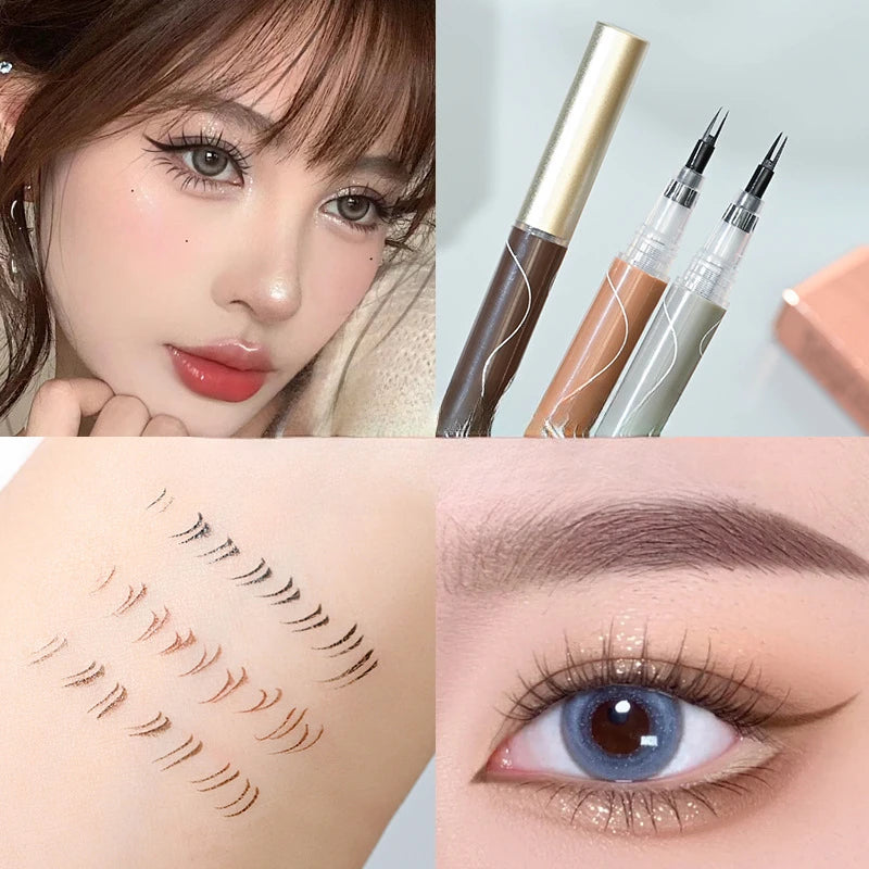 Collage of makeup products including eyeliner, false lashes, and close-up of an eye with blue irises.