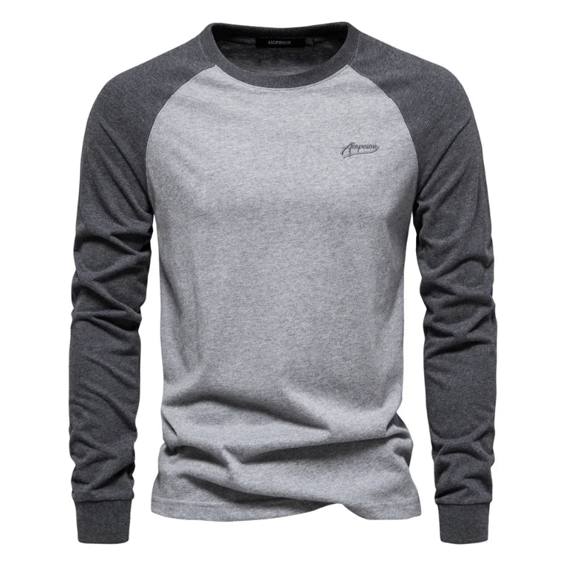 AIOPESON men's 100% cotton long sleeve patchwork casual t-shirt - gray and dark gray