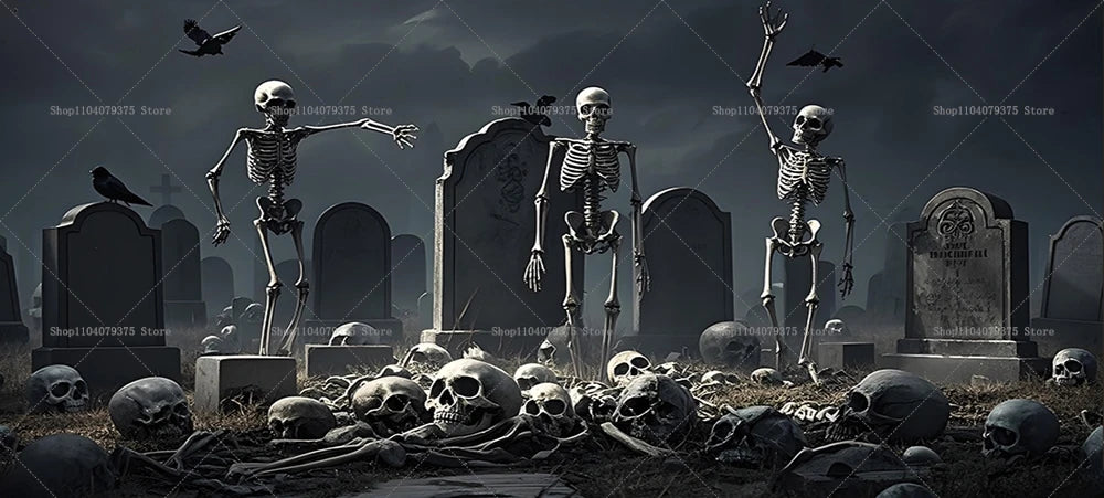 Skeletons in a graveyard with tombstones and skulls under a dark sky.