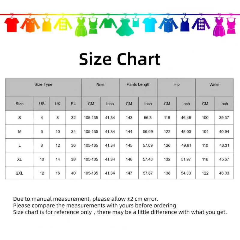 Size chart for clothing with measurements in US, UK, EU, and inch formats.