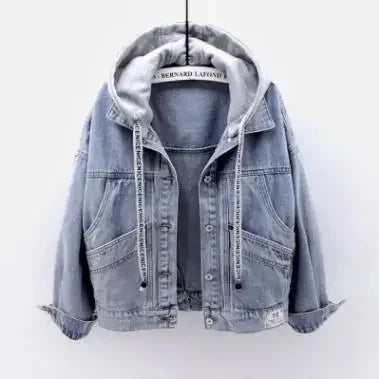Denim jacket with a hood on a white background