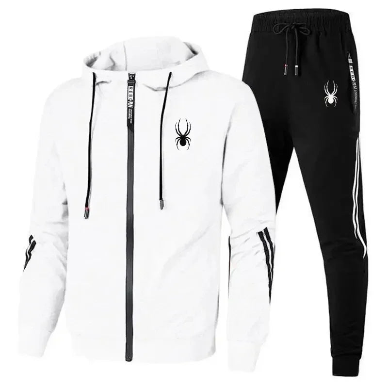 White hoodie and black tracksuit with spider logo on a white background