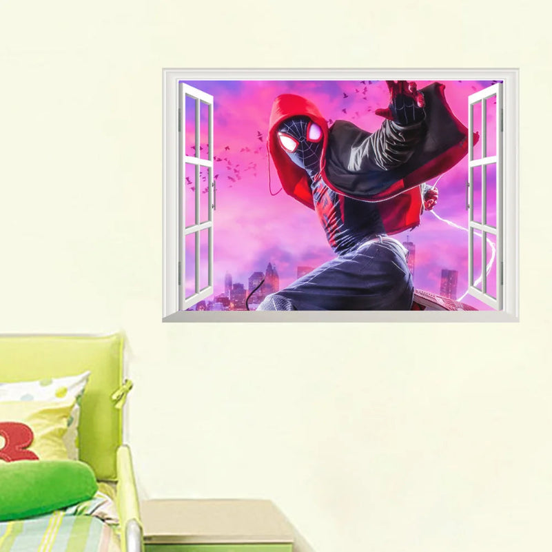 Wall decal of a superhero character with a cityscape background on a wall.