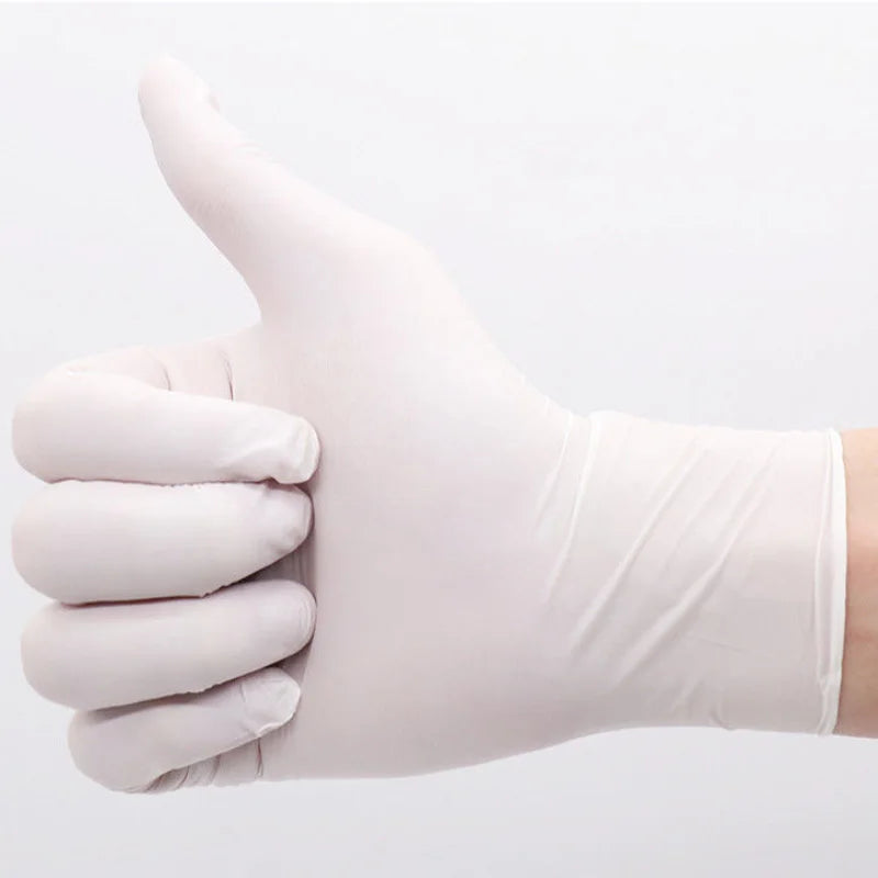 Close-up of a white latex glove on a light gray background