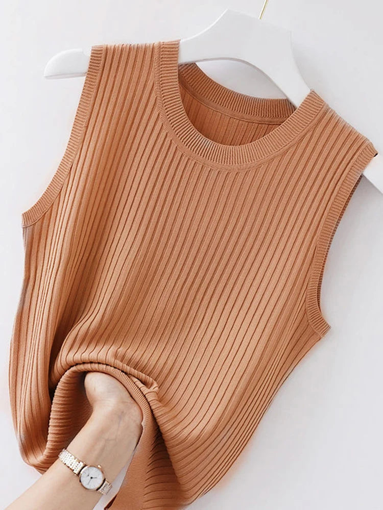 Brown ribbed sleeveless top on a white hanger against a white background