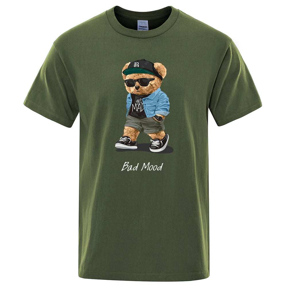 Green t-shirt with a bear graphic and 'Bad Mood' text on a white background