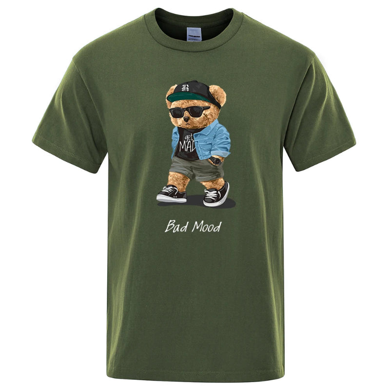 Green t-shirt with a bear graphic and 'Bad Mood' text on a white background