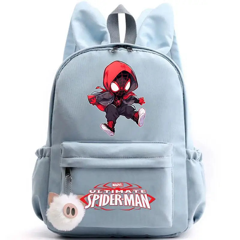 Light blue backpack with a Spider-Man character and Marvel logo on a white background