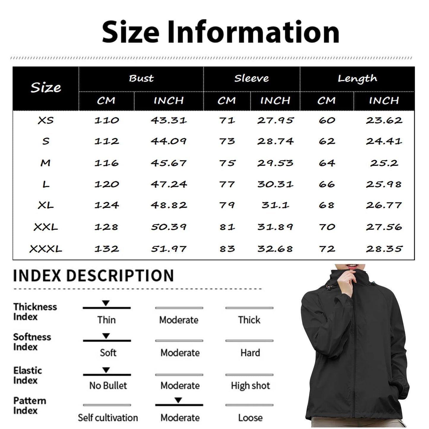 Size chart and index description for a jacket with measurements in centimeters and inches.