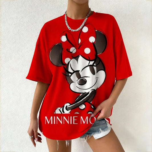 Oversized women’s Minnie Mouse graphic T‑shirt in Y2K streetwear style red