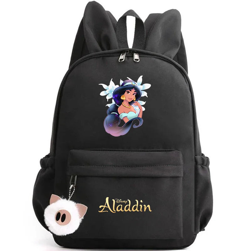 Black backpack with Disney Aladdin design featuring Jasmine on a white background