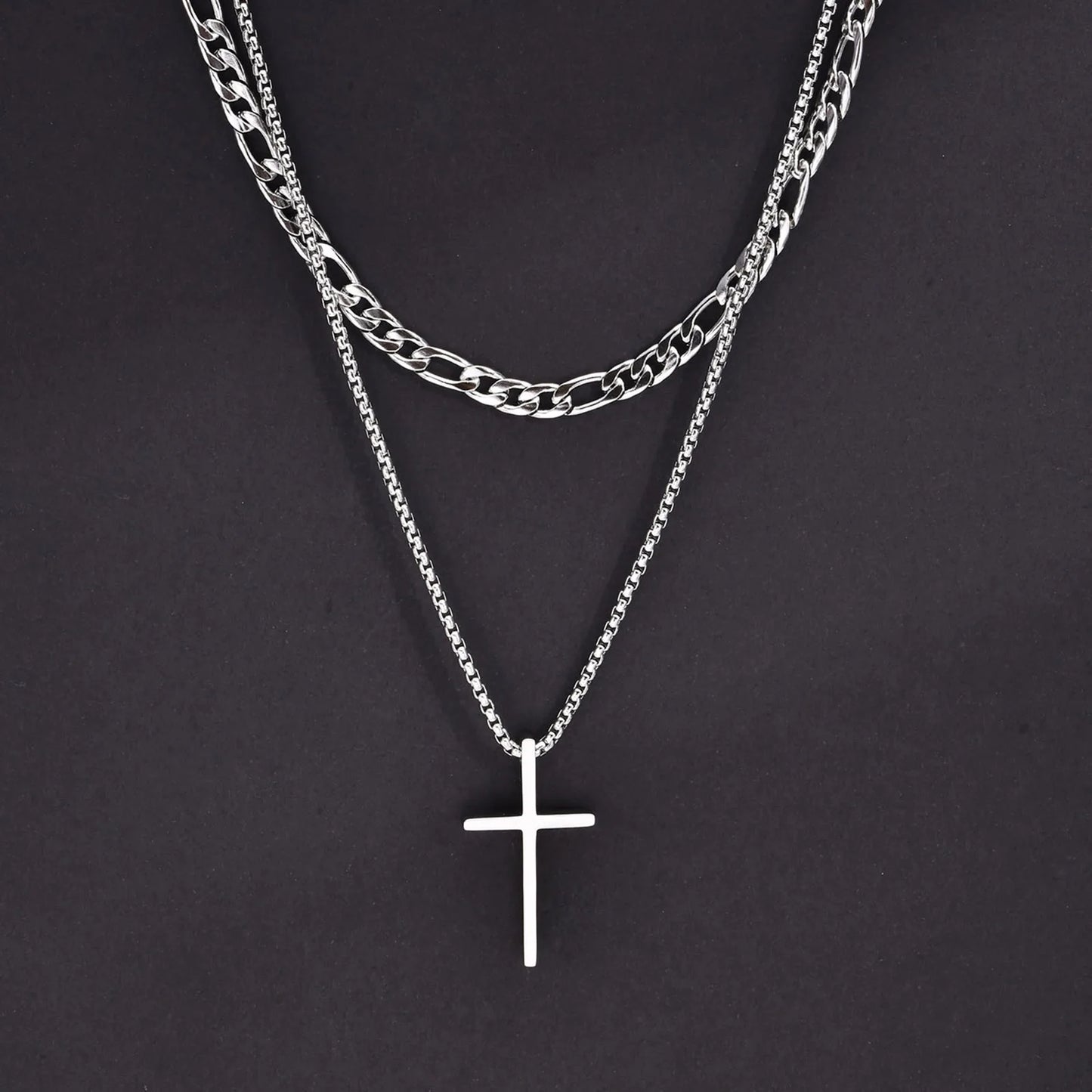 Vnox stainless steel layered men’s cross pendant necklace with rope chain -  black background