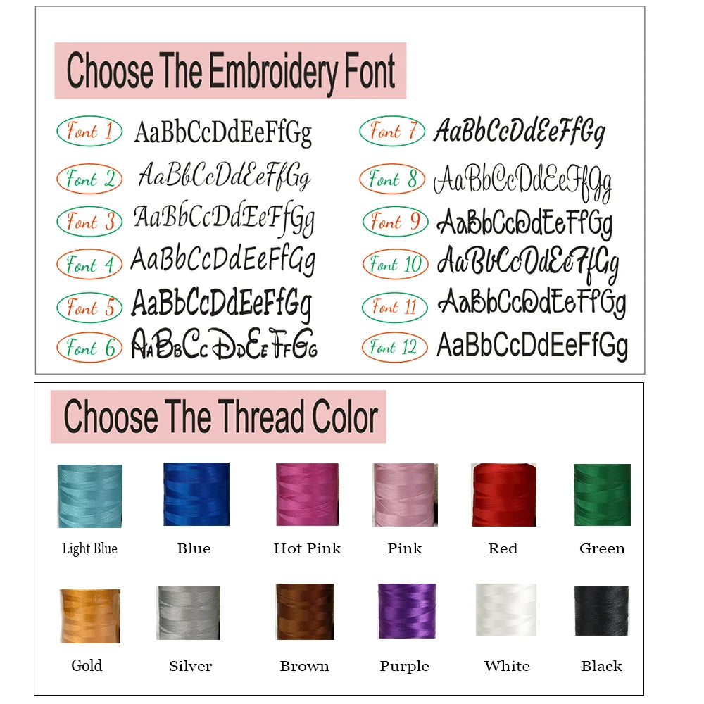 Embroidery font selection chart with sample text and thread color swatches.