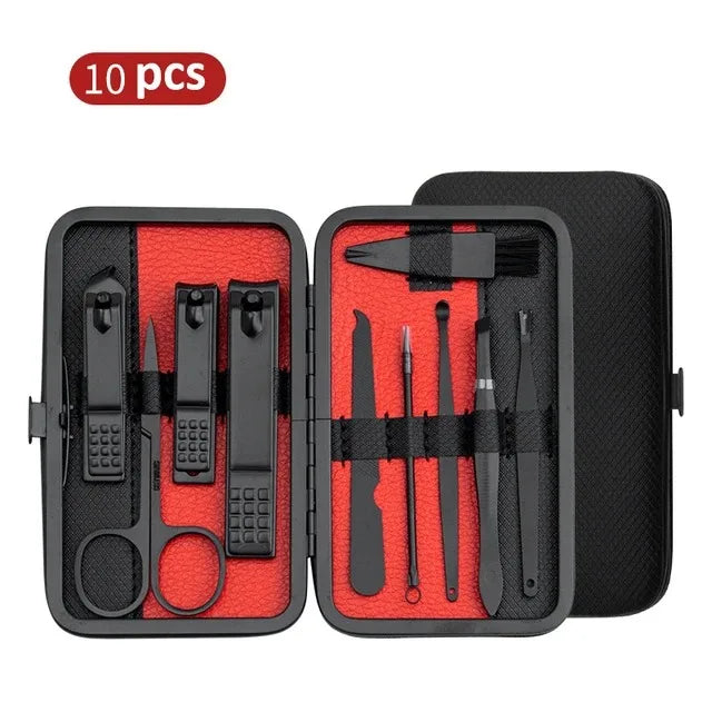 A 25-piece manicure set displayed in an open black case with yellow accents, including various nail clipppers, scissors, and other nail care tools.