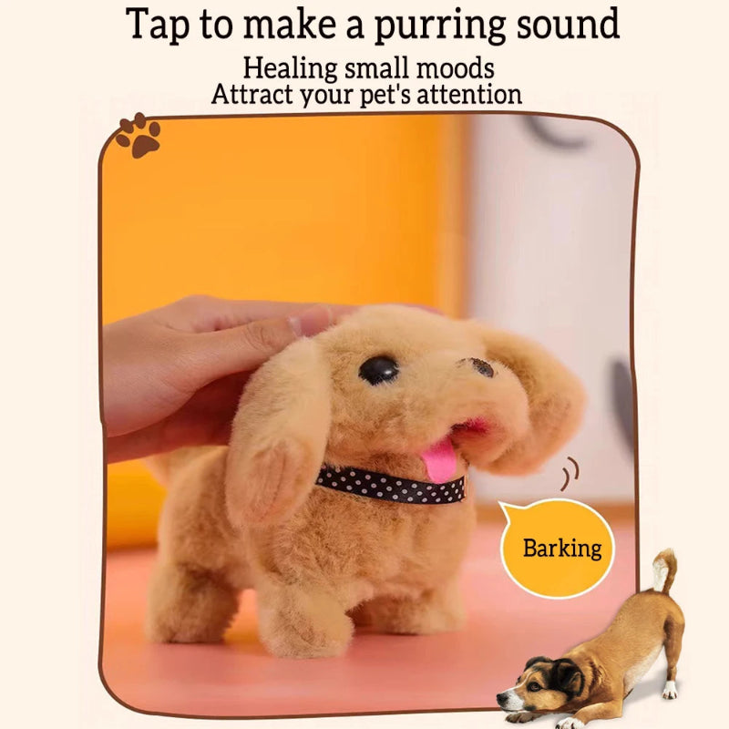 Toy dog with a hand petting it, on an orange background
