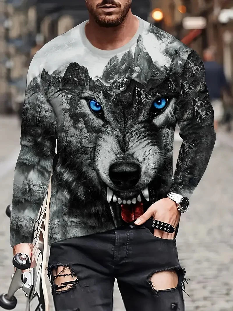 Person wearing a shirt with a wolf graphic design outdoors.