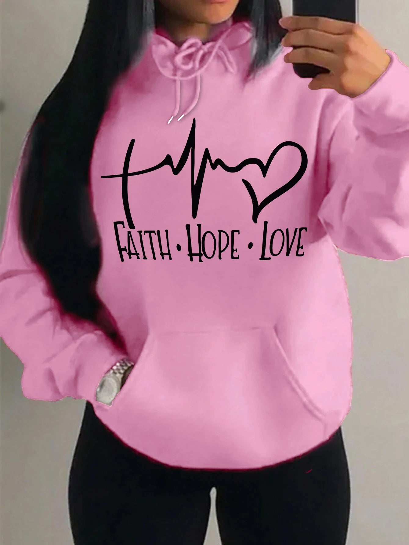Faith Hope Love Letter Graphic Women’s Hoodie - Street Casual Sweatshirt-Pink