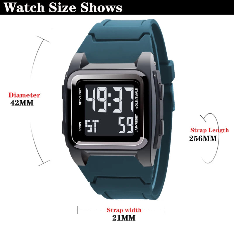 Digital watch with measurements on a white background