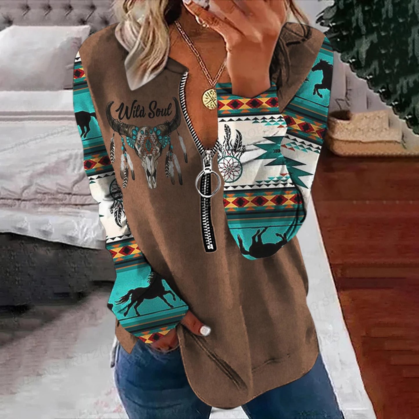 Women’s Vintage Wolf Graphic Oversized Zip-Up Hoodie with Zipper Closure-brown