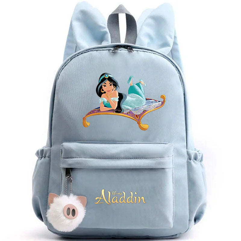 Light blue backpack with Aladdin and Jasmine design on a white background