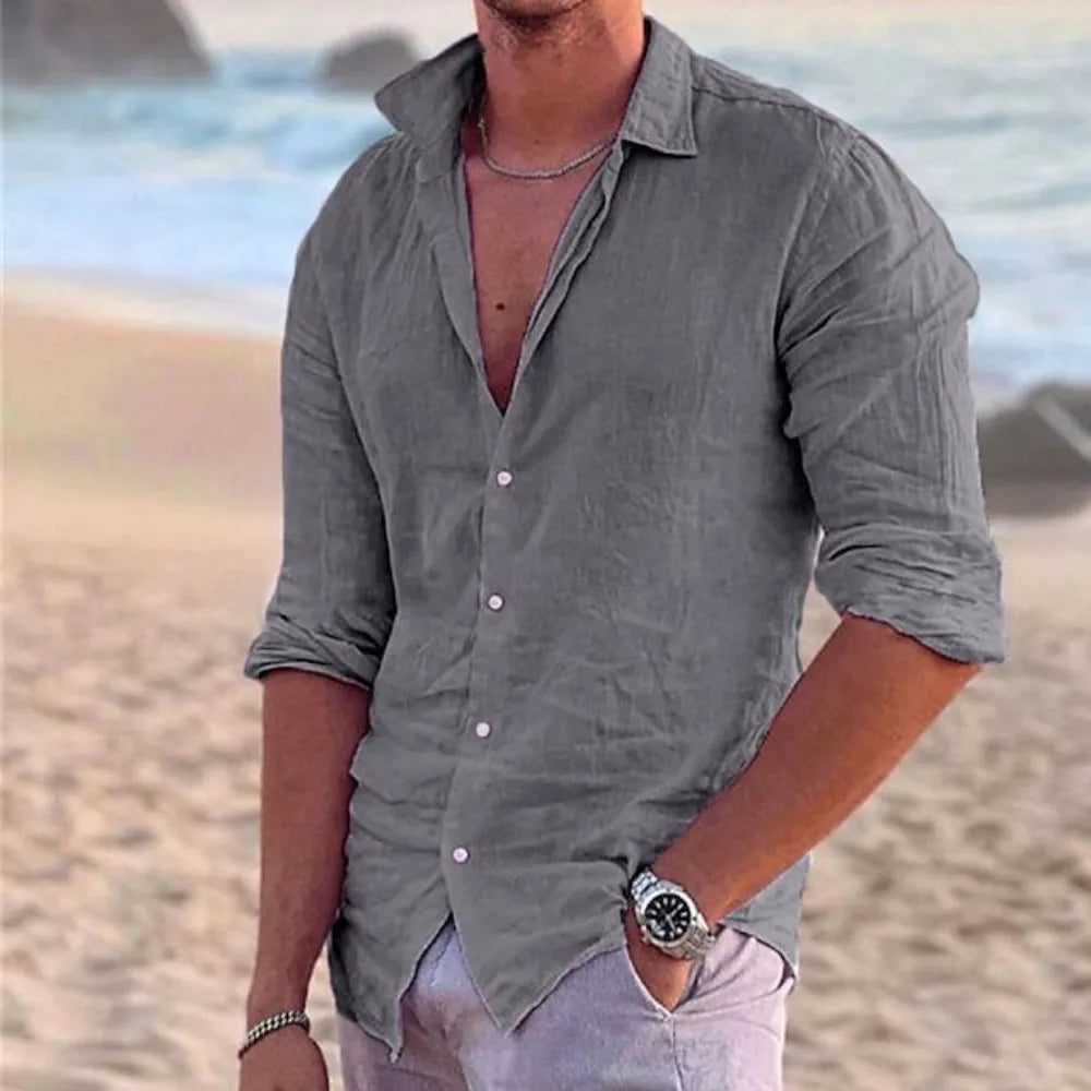 Men’s casual cotton linen polo neck long sleeve shirt in solid color, perfect for beach and holiday wear, lightweight and breathable fabric.-2