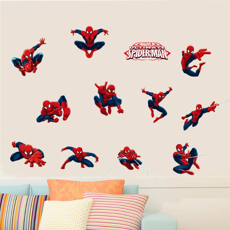 Spider-Man wall decals on a light-colored wall above a couch with colorful cushions.