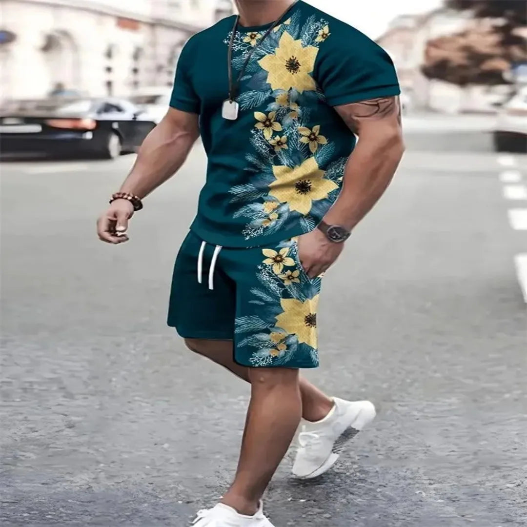 Men's crewneck T-shirt and shorts. - dark green yellow