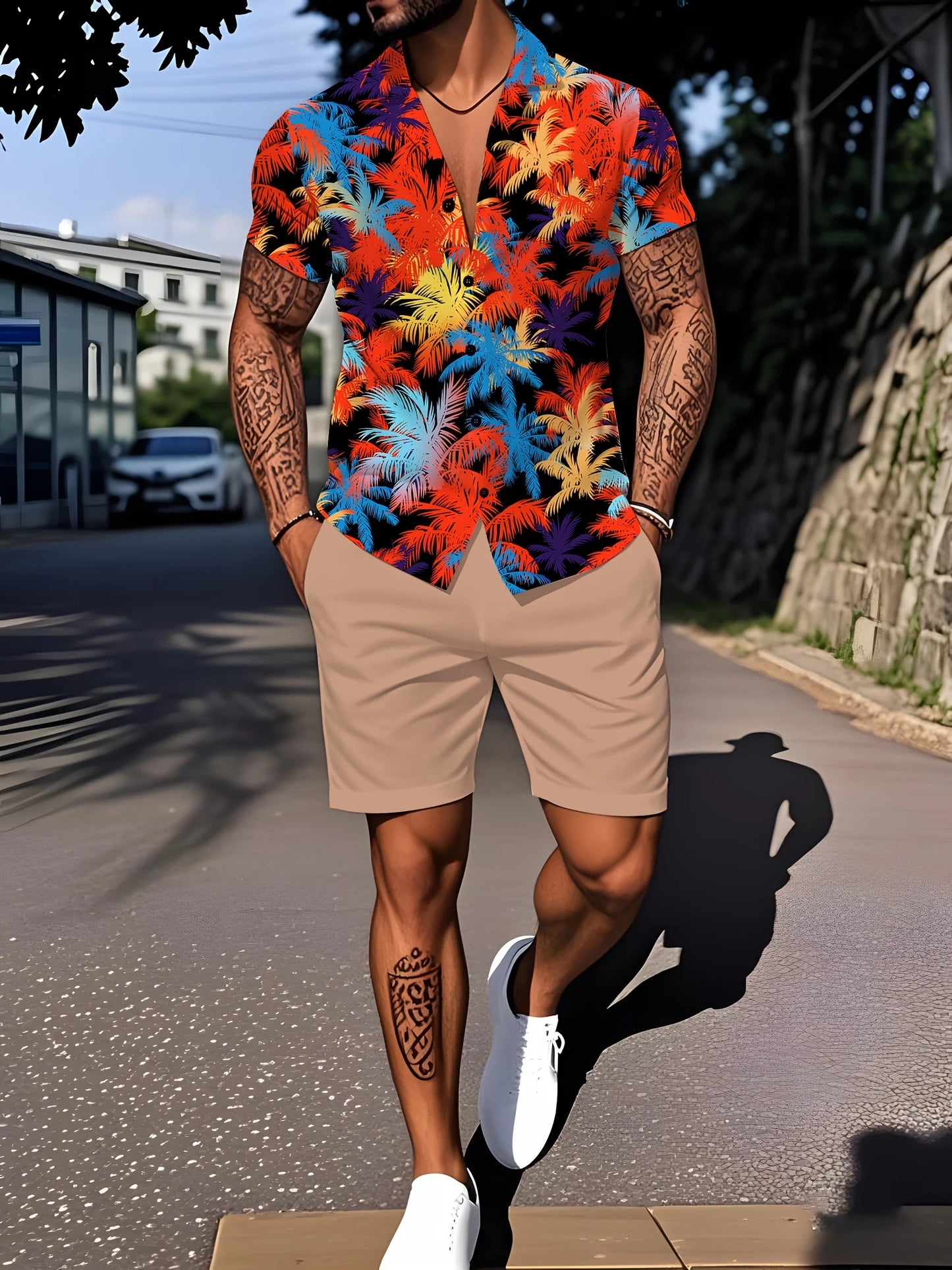 Person wearing a colorful tie-dye shirt and beige shorts on a street.