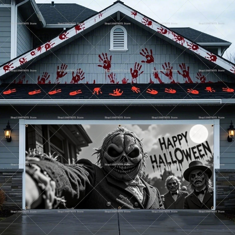 Halloween-themed house exterior with handprints and a 'Happy Halloween' sign, featuring a black and white photo of a scarecrow and masked figures.