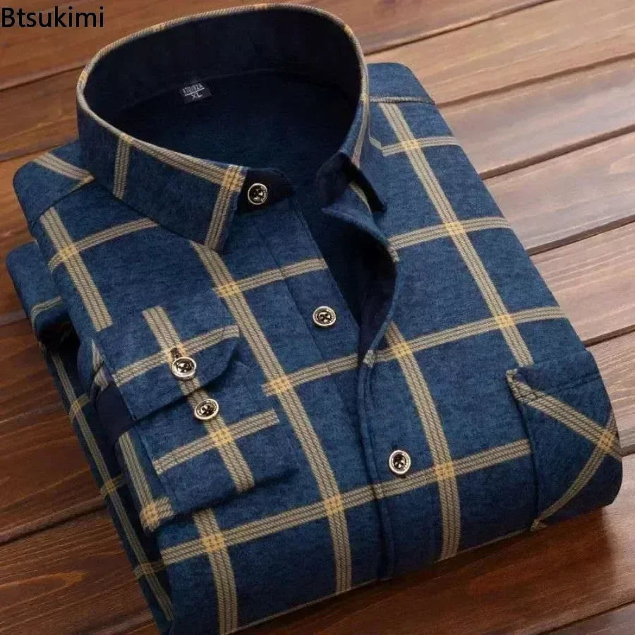 2024 men's thick warm plaid shirt with long sleeves in large 4XL size - L blue beige
