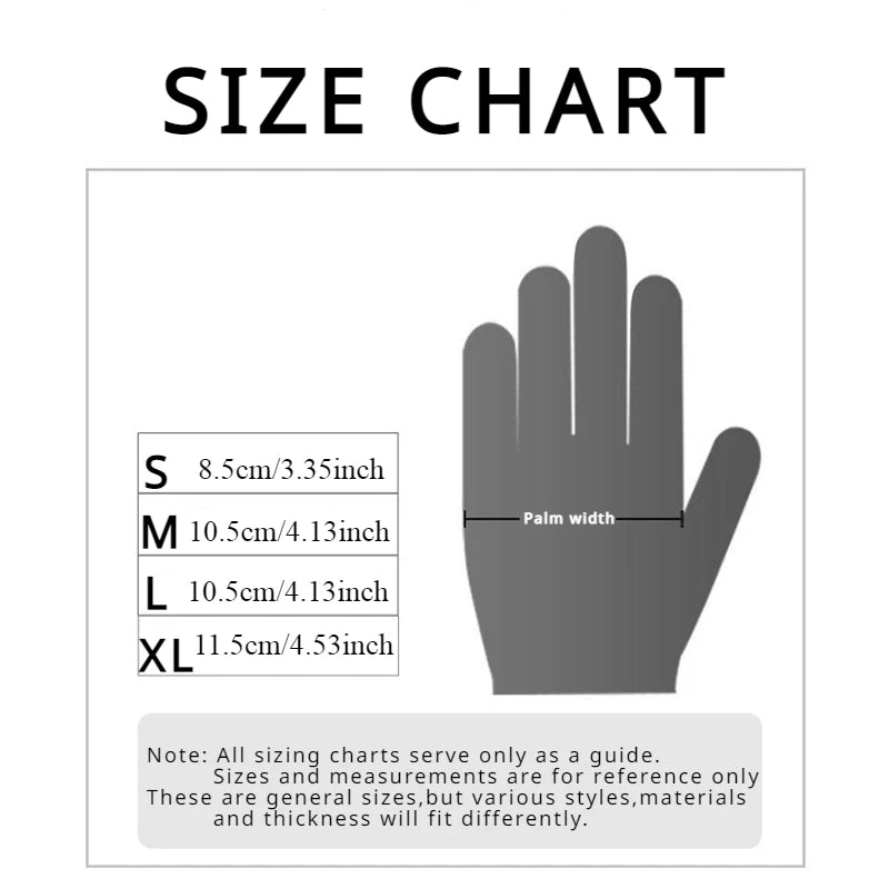 Size chart for gloves with hand illustration and measurement labels.