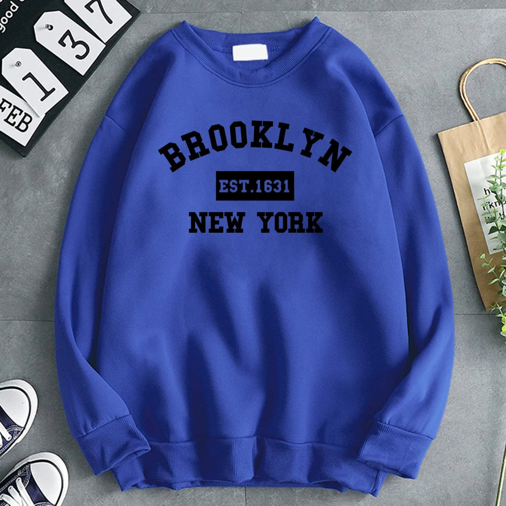 Women's Brooklyn 1631 letter print hoodie in soft fleece, gray pullover - light blue