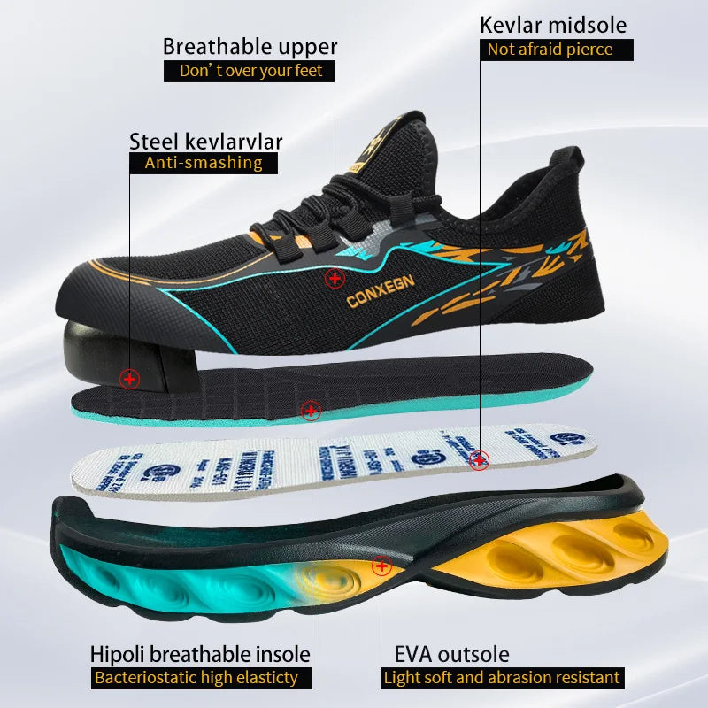 Men’s steel toe safety work shoes with anti-smashing and anti-piercing design, protective indestructible sports security boots black blue