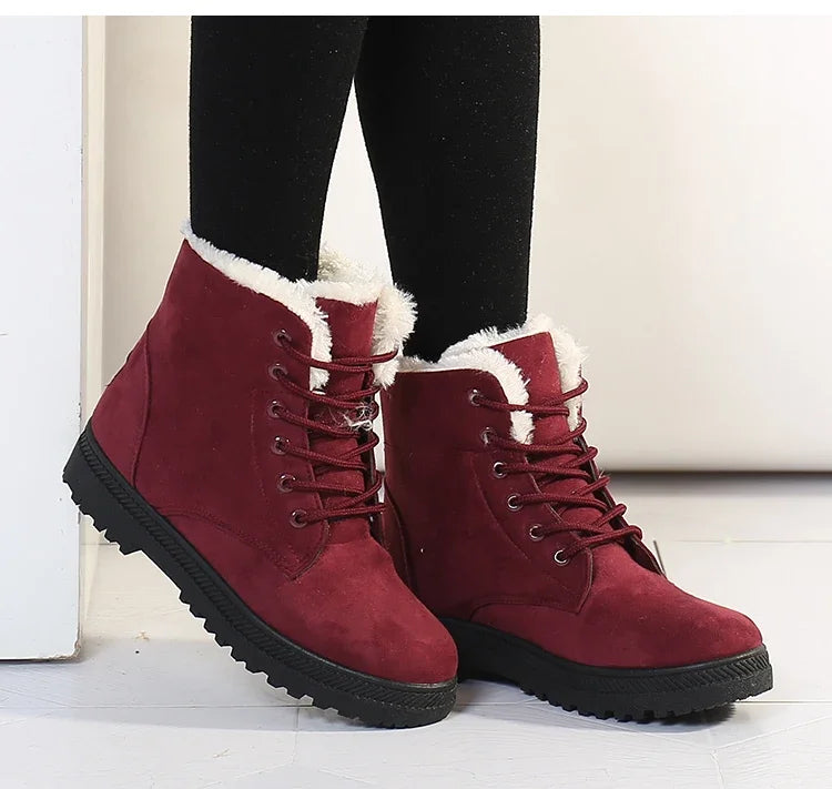 Winter Boots Ladies Snow Boots Lace Up   red