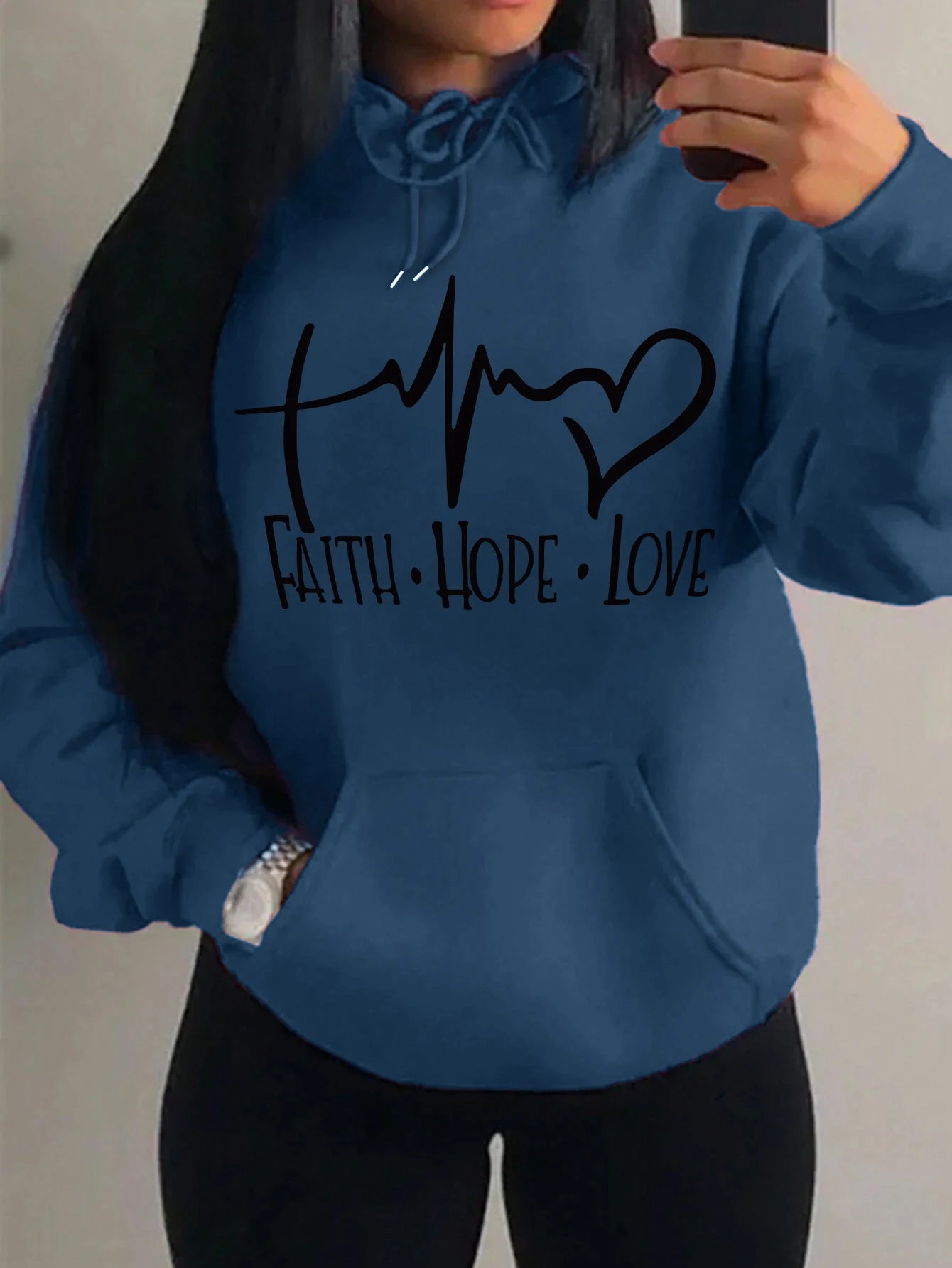Faith Hope Love Letter Graphic Women’s Hoodie - Street Casual Sweatshirt-blue