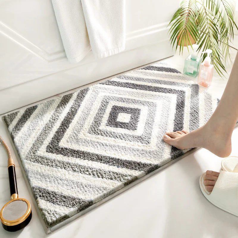 Microfiber geometric-pattern thick plush non-slip bath mat in neutral tones, perfect for bathroom floors and door entryways. - gray