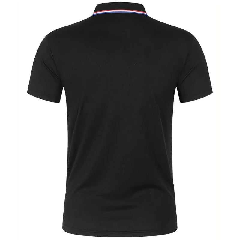 Black polo shirt with a striped collar on a white background