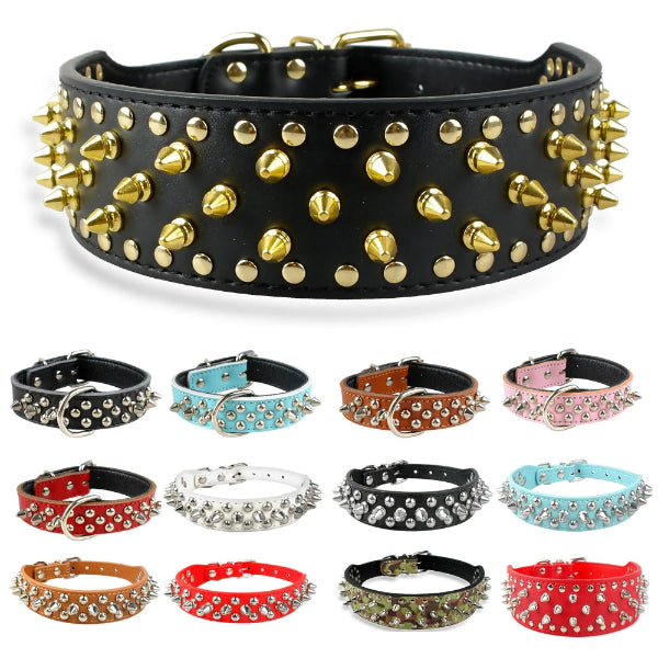 Adjustable spiked studded leather dog collar for small and medium dogs, bulldogs, and puppies. - colors