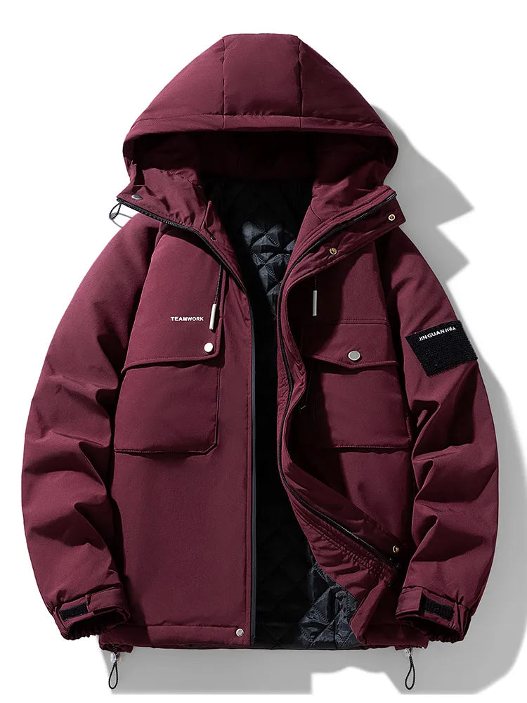 Maroon winter jacket with a hood on a white background