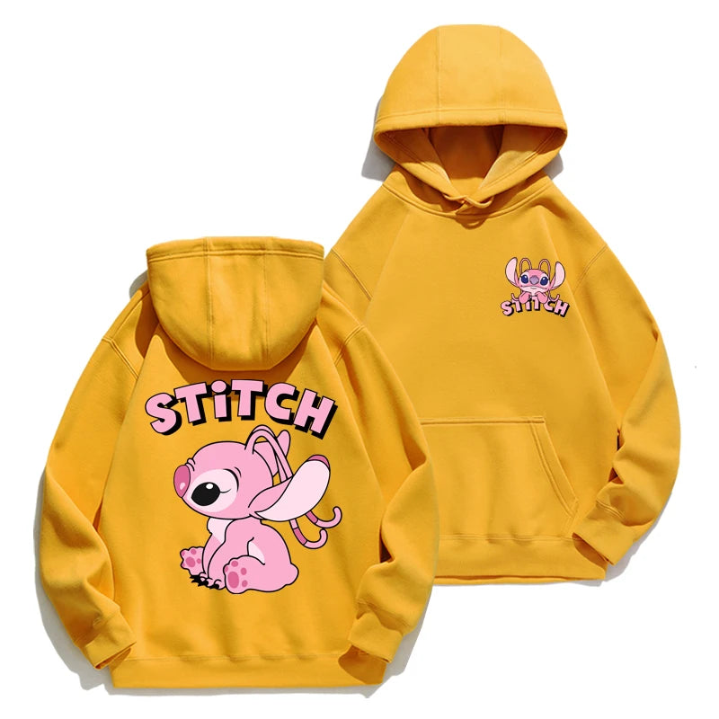 Loose fit Stitch cartoon hoodie with anime design, cozy for autumn/winter, perfect for couples or fans of cute American-style hoodies yellow and pink stitch