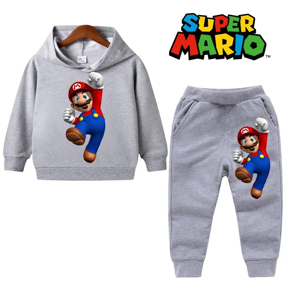 Gray hoodie and pants set with Super Mario character on a white background