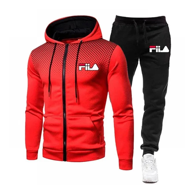 Red hoodie and black pants with Fila logo on a white background
