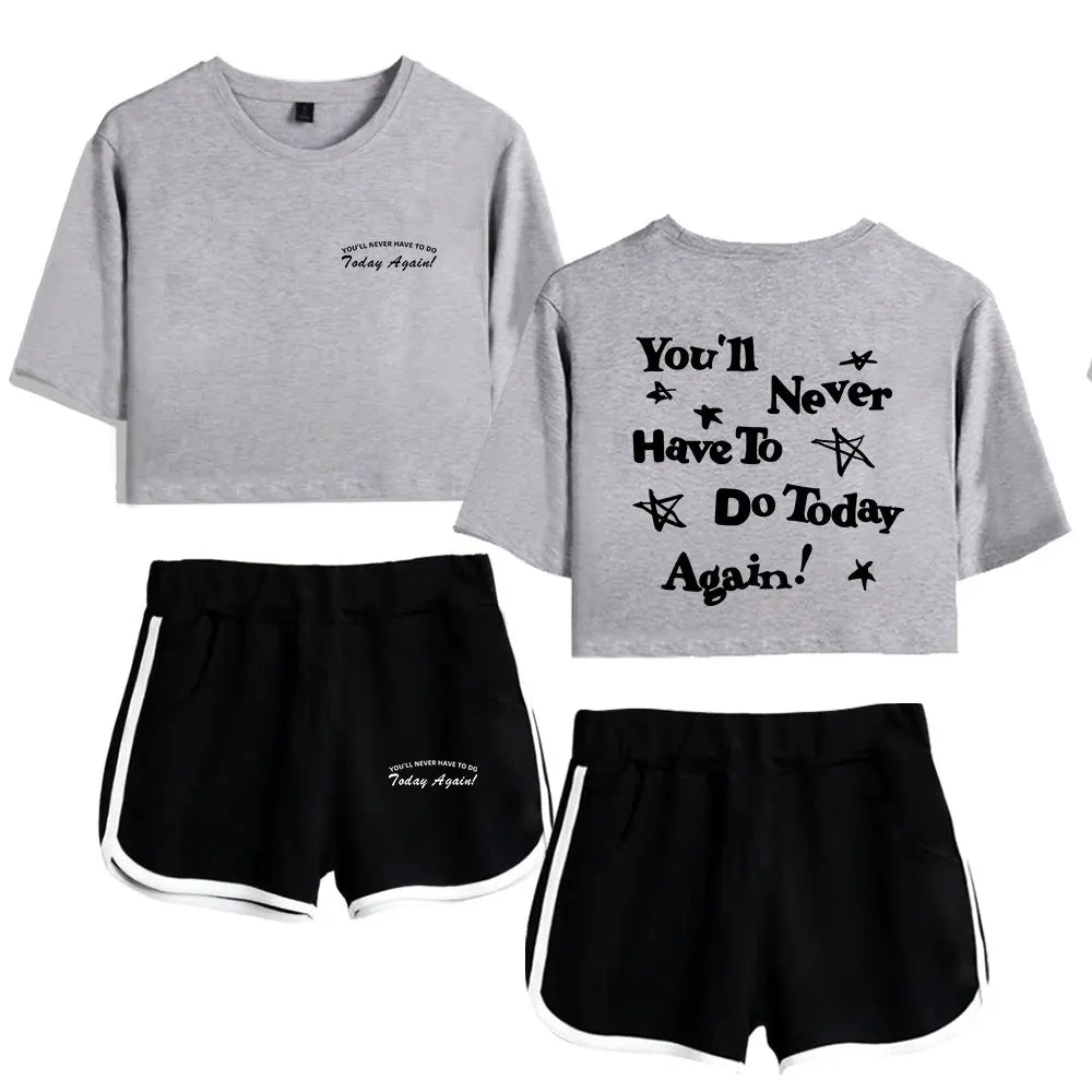 Gray t-shirt and black shorts with text on a white background