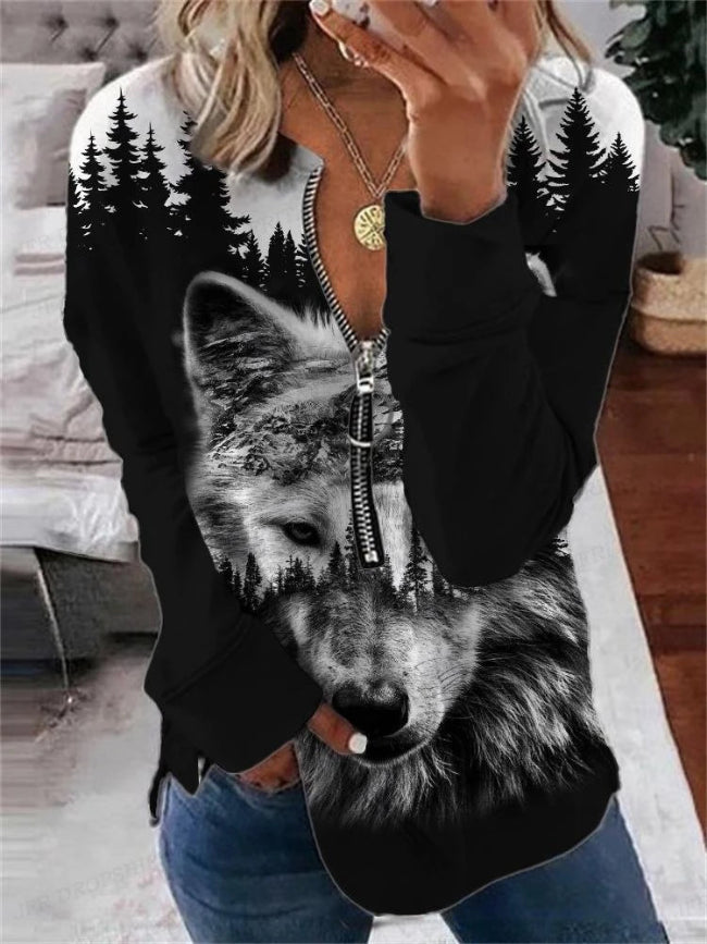 Women’s Vintage Wolf Graphic Oversized Zip-Up Hoodie with Zipper Closure -001